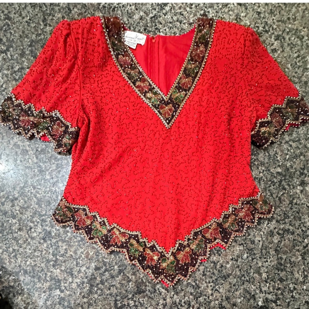 Laurence Kazar Vintage Red Beaded Sequin Bow Top V-Neck Evening Blouse XL